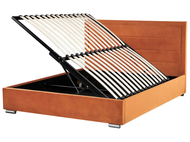 Storage Bed Orange Velvet Upholstery EU Super King Size 6ft Modern Design Padded Headboard Ottoman Lift  Beliani