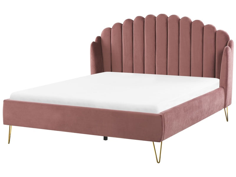 Bed Frame Pink Velvet Upholstery EU King Size 5ft3 Metal Legs Retro Design Chanell Shell Headboard Beliani