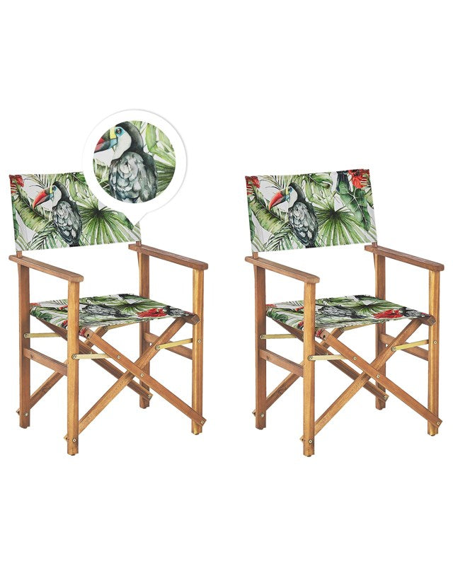 Set of 2 Garden Director's Chairs Light Wood with Off-White Acacia Toucan Pattern Replacement Fabric Folding Beliani