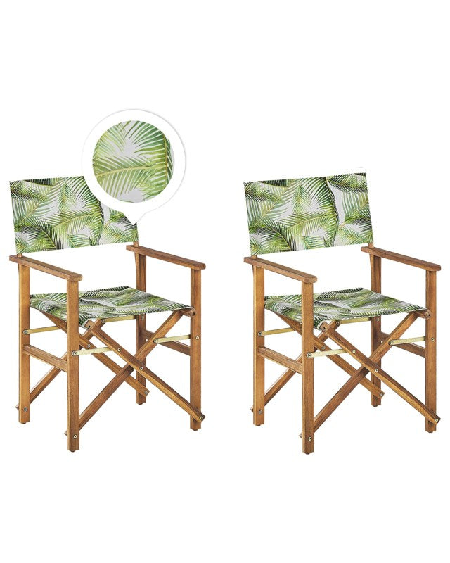 Set of 2 Garden Director's Chairs Light Wood with Off-White Acacia Tropical Leaves Pattern Replacement Fabric Folding Beliani