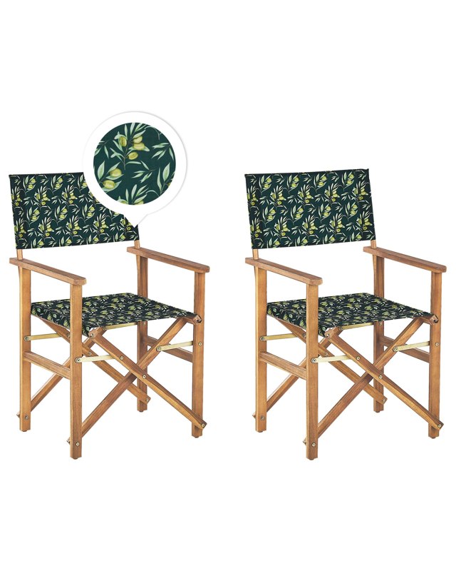 Set of 2 Garden Director's Chairs Light Wood with Off-White Acacia Olives Pattern Replacement Fabric Folding Beliani