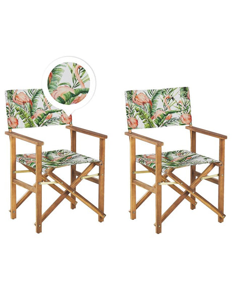 Set of 2 Garden Director's Chairs Light Wood with Off-White Acacia Flamingo Pattern Replacement Fabric Folding Beliani