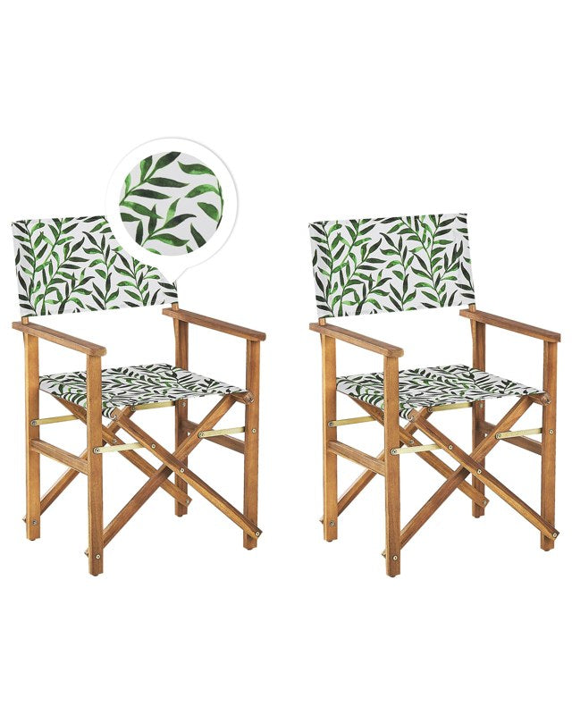 Set of 2 Garden Director's Chairs Light Wood with Off-White Acacia Leaf Pattern Replacement Fabric Folding Beliani