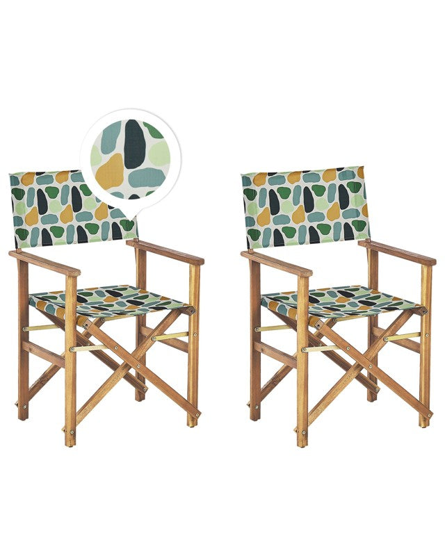 Set of 2 Garden Director's Chairs Light Wood with Off-White Acacia Abstract Pattern Replacement Fabric Folding Beliani