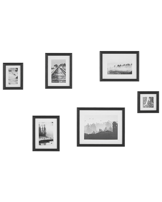 Set of 6 Framed Photos Black Various Sizes Modern Passpartout Wall Decor Gallery Hooks Beliani