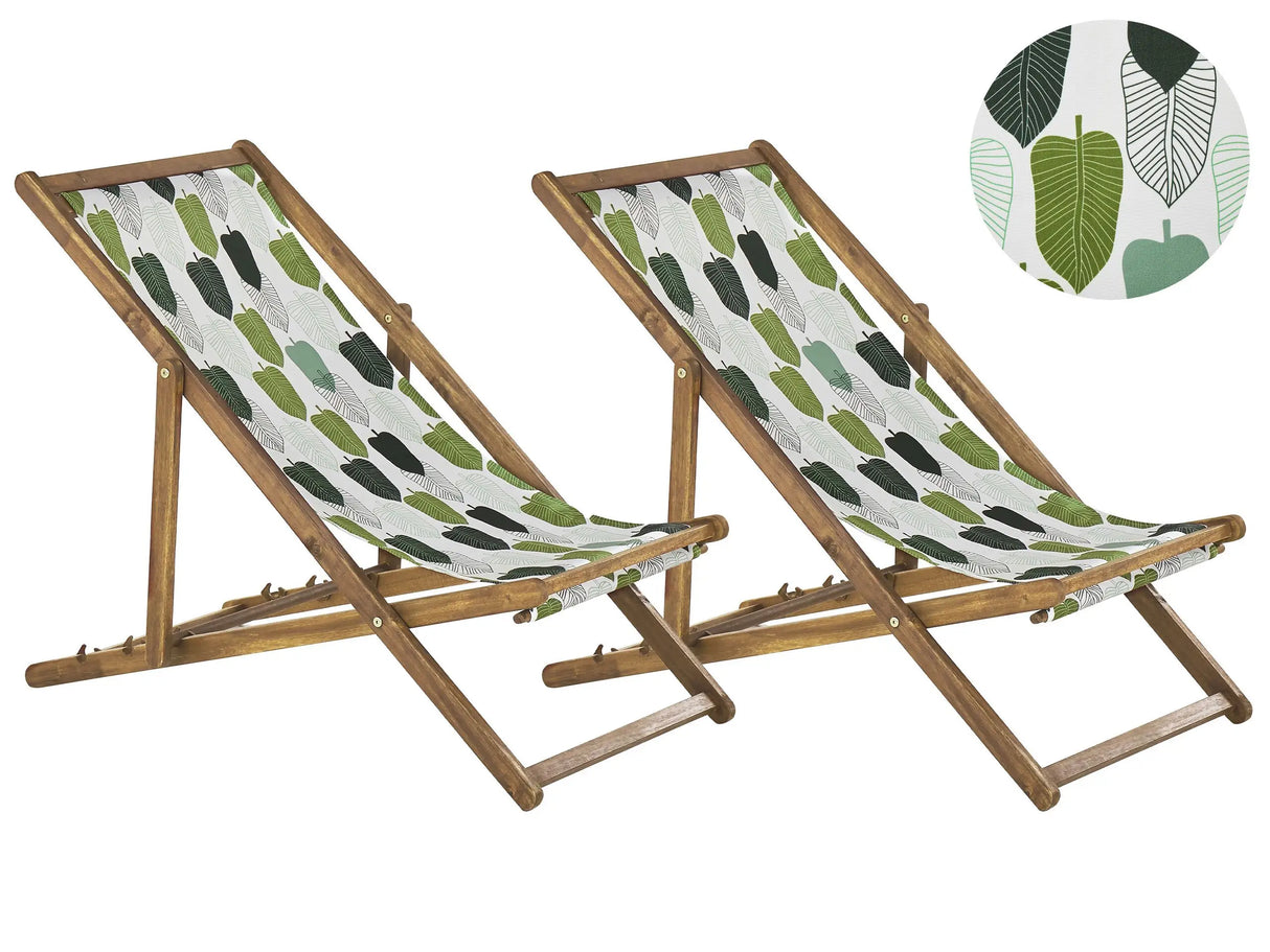 Set of 2 Garden Deck Chairs Light Acacia Wood Frame Floral Pattern Replacement Fabric Hammock Seat Reclining Folding Sun Lounger Beliani