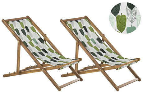 Set of 2 Garden Deck Chairs Light Acacia Wood Frame Floral Pattern Replacement Fabric Hammock Seat Reclining Folding Sun Lounger Beliani