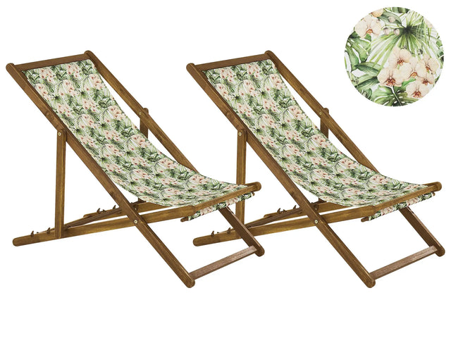 Set of 2 Garden Deck Chairs Light Acacia Wood Frame Floral Pattern Replacement Fabric Hammock Seat Reclining Folding Sun Lounger Beliani