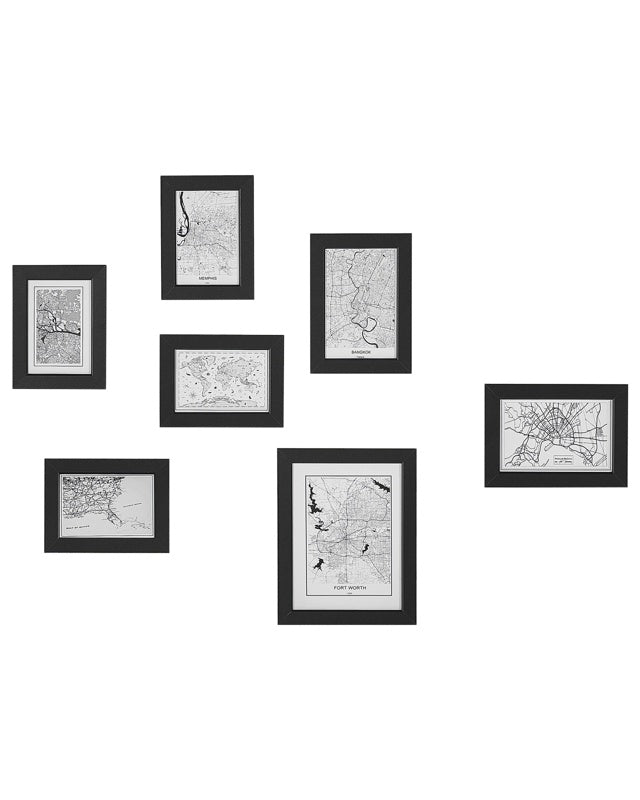 Set of 7 Framed Maps Black Various Sizes Retro Hooks Gallery Living Room Wall Mounted Beliani