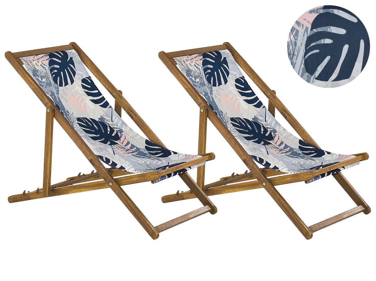 Set of 2 Garden Deck Chairs Light Acacia Wood Frame Palm Leaves Pattern Replacement Fabric Hammock Seat Reclining Folding Sun Lounger Beliani