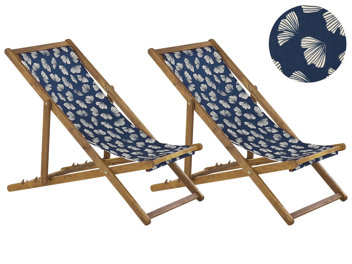 Set of 2 Garden Deck Chairs Light Acacia Wood Frame Floral Pattern Replacement Fabric Hammock Seat Reclining Folding Sun Lounger Beliani