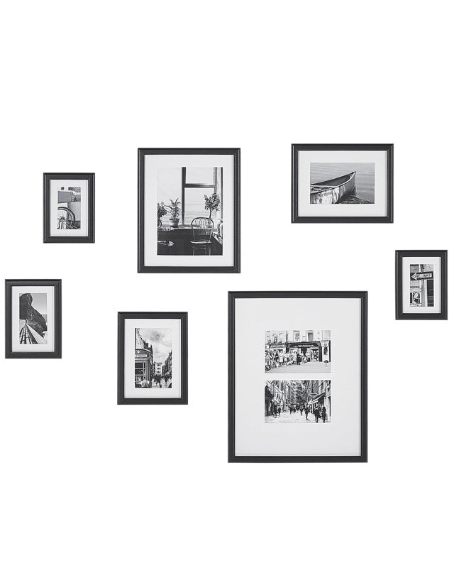 Set of 7 Framed Photos Black Various Sizes Modern Passpartout Wall Decor Gallery Hooks Beliani