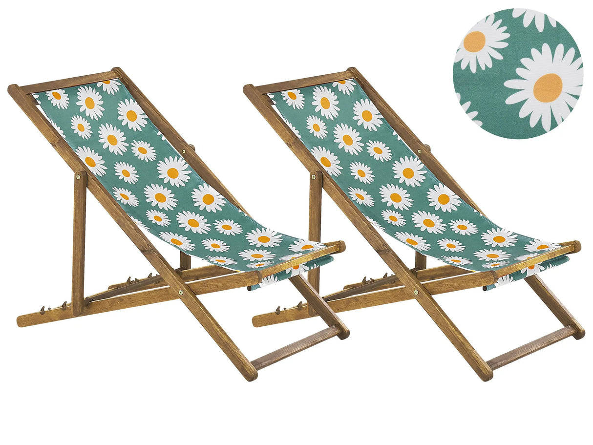 Set of 2 Garden Deck Chairs Light Acacia Wood Frame Chamomile Pattern Replacement Fabric Hammock Seat Reclining Folding Sun Lounger Beliani