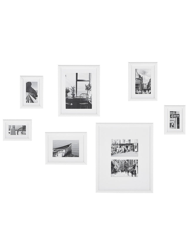 Set of 7 Framed Photos White Various Sizes Modern Passpartout Wall Decor Gallery Hooks Beliani