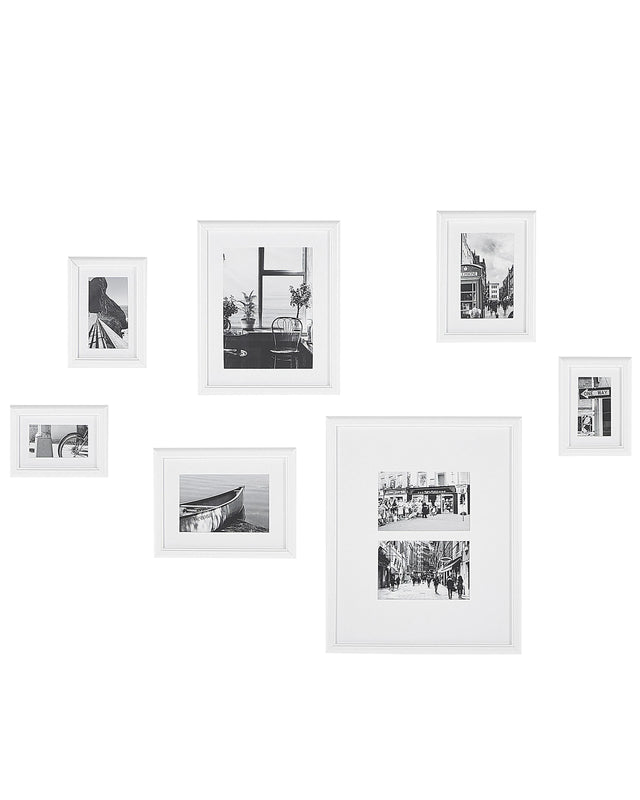 Set of 7 Framed Photos White Various Sizes Modern Passpartout Wall Decor Gallery Hooks Beliani
