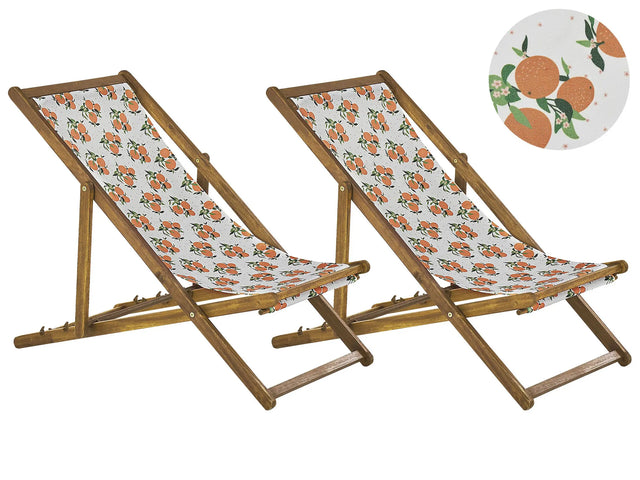 Set of 2 Garden Deck Chairs Light Acacia Wood Frame Oranges Pattern Replacement Fabric Hammock Seat Reclining Folding Sun Lounger Beliani