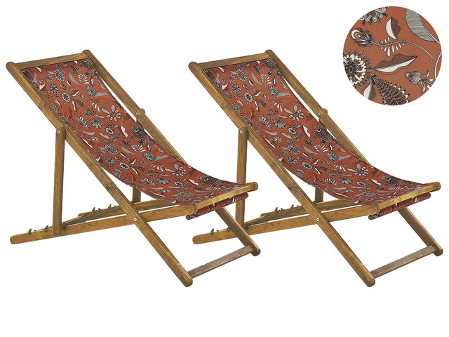 Set of 2 Garden Deck Chairs Light Acacia Wood Frame Floral Pattern Replacement Fabric Hammock Seat Reclining Folding Sun Lounger Beliani