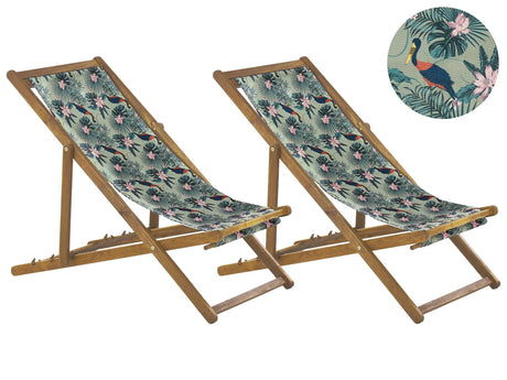 Set of 2 Garden Deck Chairs Light Acacia Wood Frame Pelican Pattern Replacement Fabric Hammock Seat Reclining Folding Sun Lounger Beliani
