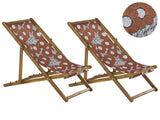 Set of 2 Garden Deck Chairs Light Acacia Wood Frame Poppies Pattern Replacement Fabric Hammock Seat Reclining Folding Sun Lounger Beliani