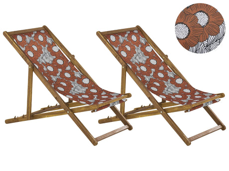 Set of 2 Garden Deck Chairs Light Acacia Wood Frame Poppies Pattern Replacement Fabric Hammock Seat Reclining Folding Sun Lounger Beliani