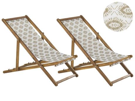 Set of 2 Garden Deck Chairs Light Acacia Wood Frame Beige Replacement Fabric Hammock Seat Reclining Folding Sun Lounger Beliani