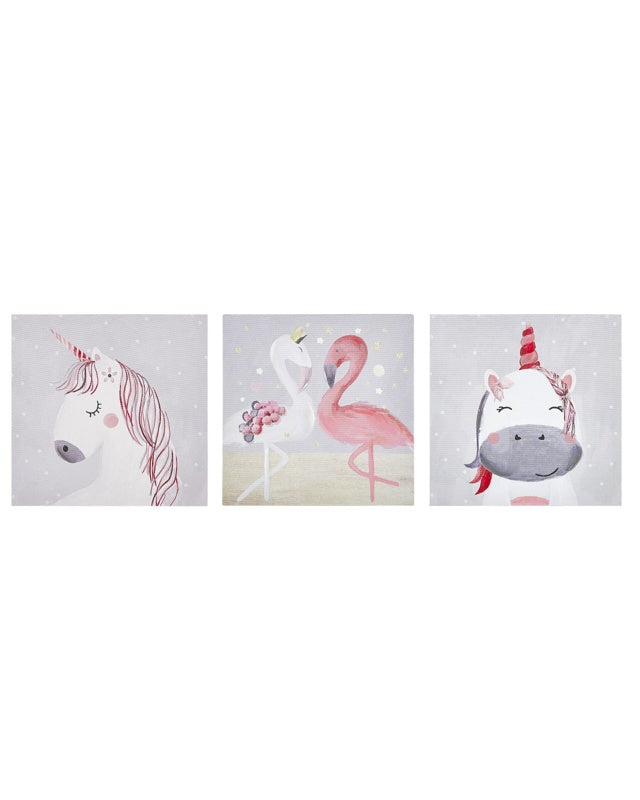 Set of 3 Art Prints Grey and Pink Polyester Canvas 30 x 30 cm Mounting Hooks Kids Room Beliani