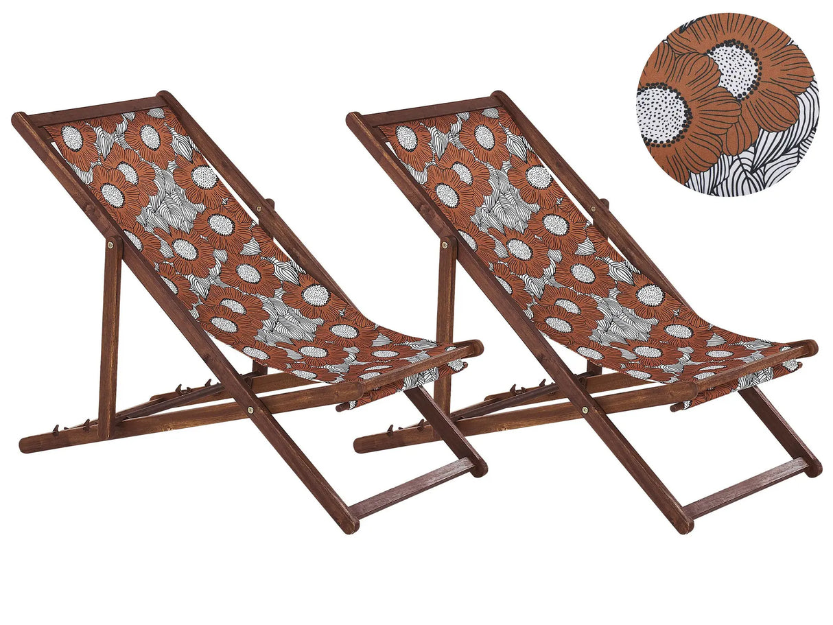 Set of 2 Garden Deck Chairs Dark Acacia Wood Frame Poppies Pattern Replacement Fabric Hammock Seat Reclining Folding Sun Lounger Beliani