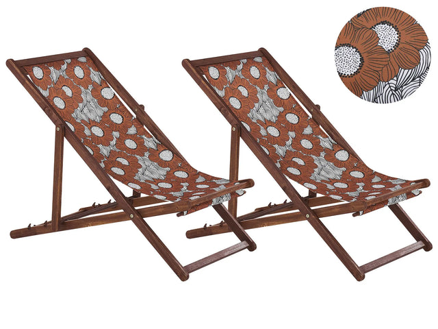 Set of 2 Garden Deck Chairs Dark Acacia Wood Frame Poppies Pattern Replacement Fabric Hammock Seat Reclining Folding Sun Lounger Beliani