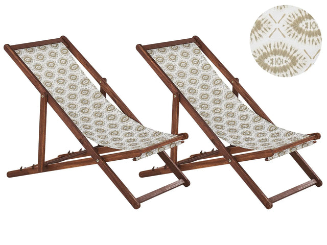 Set of 2 Garden Deck Chairs Dark Acacia Wood Frame Replacement Fabric Hammock Seat Reclining Folding Sun Lounger Beliani