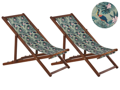 Set of 2 Garden Deck Chairs Dark Acacia Wood Frame Pelican Pattern Replacement Fabric Hammock Seat Reclining Folding Sun Lounger Beliani