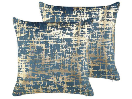 Set of 2 Decorative Cushions Polyester Blue and Gold Crackle Effect 45 x 45 cm Foil Print Pattern  Beliani