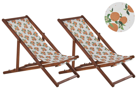 Set of 2 Garden Deck Chairs Dark Acacia Wood Frame Oranges Pattern Replacement Fabric Hammock Seat Reclining Folding Sun Lounger Beliani