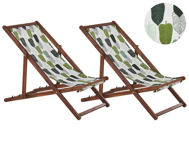 Set of 2 Garden Deck Chairs Dark Acacia Wood Frame Floral Pattern Replacement Fabric Hammock Seat Reclining Folding Sun Lounger Beliani