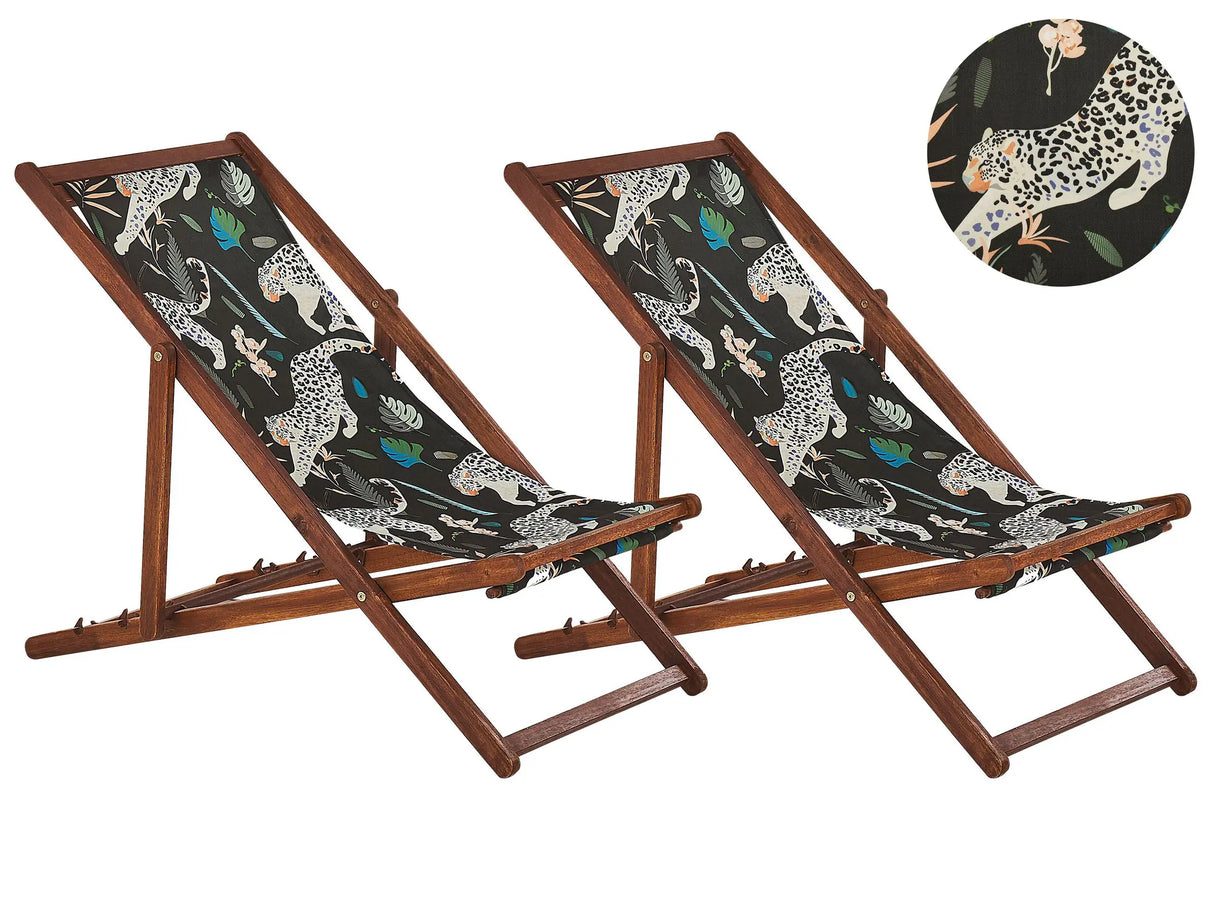 Set of 2 Garden Deck Chairs Dark Acacia Wood Frame Animal Pattern Replacement Fabric Hammock Seat Reclining Folding Sun Lounger Beliani