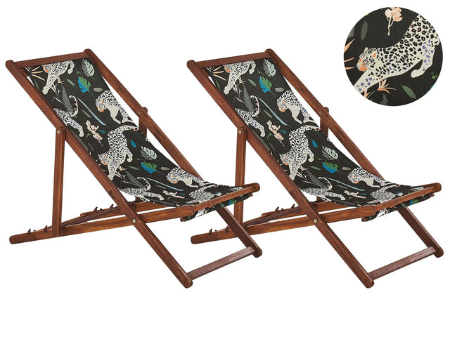 Set of 2 Garden Deck Chairs Dark Acacia Wood Frame Animal Pattern Replacement Fabric Hammock Seat Reclining Folding Sun Lounger Beliani