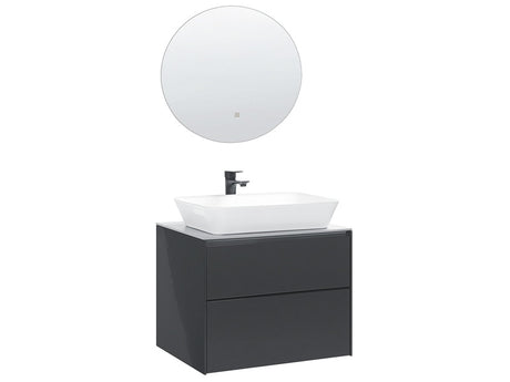 Bathroom Vanity Set Grey MDF with Ceramic Basin Wall Mount 2 Drawers Cabinet Round LED Illuminated Mirror Beliani