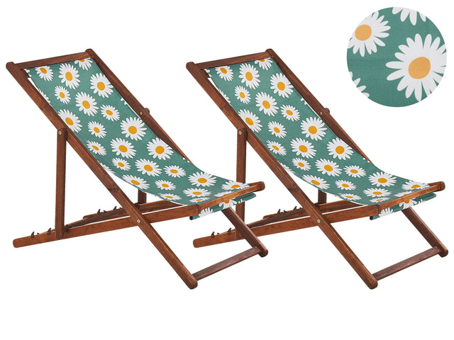 Set of 2 Garden Deck Chairs Dark Acacia Wood Frame Chamomile Pattern Replacement Fabric Hammock Seat Reclining Folding Sun Lounger Beliani