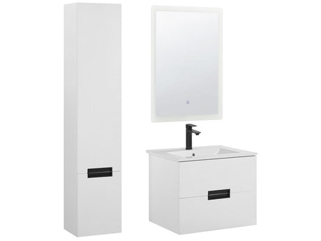 3 Piece Bathroom Furniture Set White MDF with Ceramic Basin Wall Mount Vanity Tall Cabinet Rectangular LED Mirror Beliani