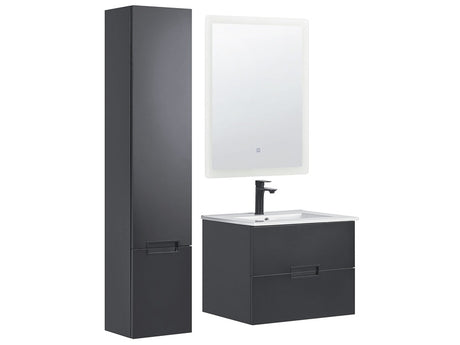 3 Piece Bathroom Furniture Set Black MDF with Ceramic Basin Wall Mount Vanity Tall Cabinet Rectangular LED Mirror Beliani