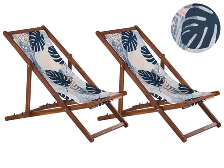 Set of 2 Garden Deck Chairs Dark Acacia Wood Frame Palm Leaves Pattern Replacement Fabric Hammock Seat Reclining Folding Sun Lounger Beliani