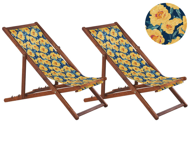 Set of 2 Garden Deck Chairs Dark Acacia Wood Frame Floral Pattern Replacement Fabric Hammock Seat Reclining Folding Sun Lounger Beliani