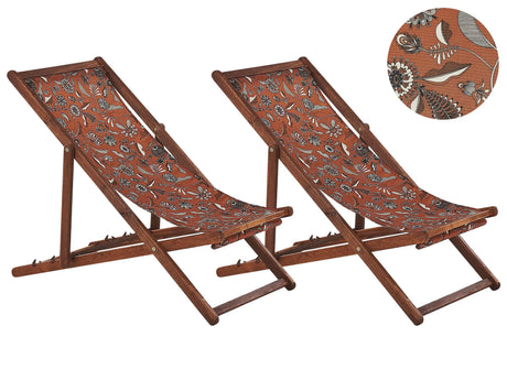 Set of 2 Garden Deck Chairs Dark Acacia Wood Frame Floral Pattern Replacement Fabric Hammock Seat Reclining Folding Sun Lounger Beliani