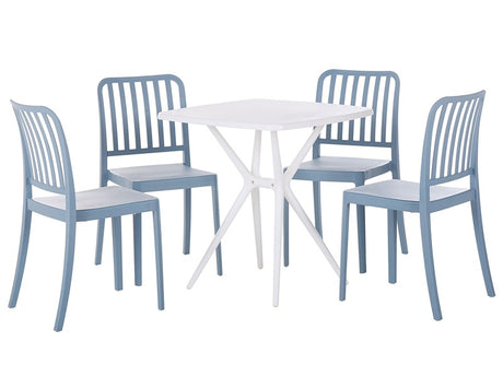 Garden Dining Set Blue and White Plastic 4 Seater Square Table Stackable Chairs Weatherproof  Beliani