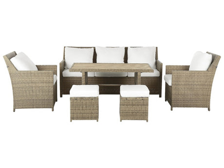 Garden Sofa Set Brown PE Rattan White Cushions 5 Seater Sofa Rectangular Table 2 Armchairs 2 Ottomans Outdoor Dining Set Beliani