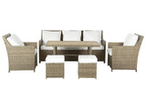 Garden Sofa Set Brown PE Rattan White Cushions 5 Seater Sofa Rectangular Table 2 Armchairs 2 Ottomans Outdoor Dining Set Beliani