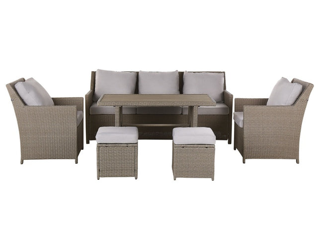 Garden Sofa Set Grey PE Rattan Taupe Cushions 5 Seater Sofa Rectangular Table 2 Armchairs 2 Ottomans Outdoor Dining Set Beliani