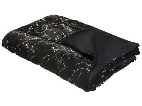 Blanket Black Polyester 130 x 180 cm Bedspread Throw Golden Marble Pattern Living Room Bedroom Beliani