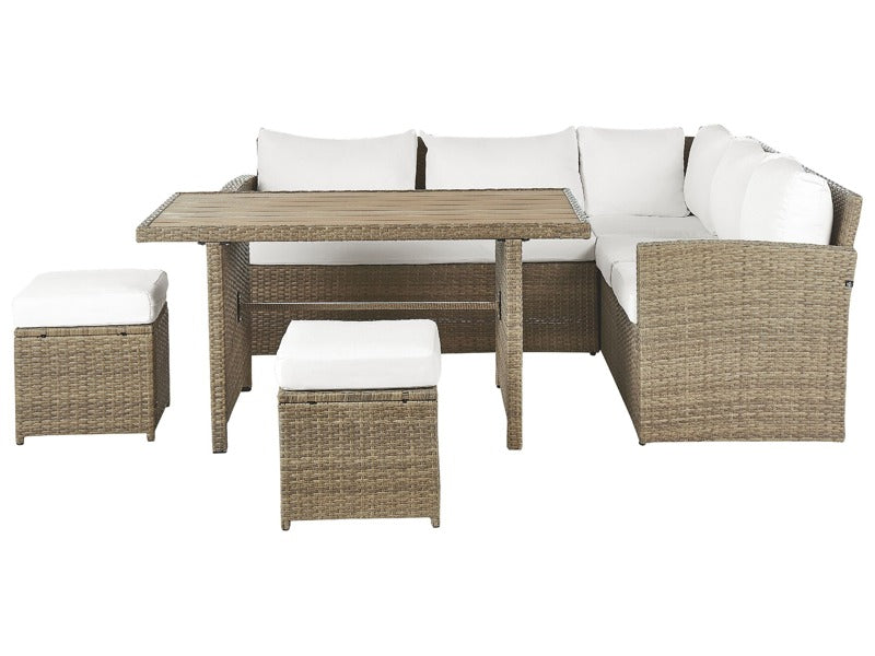 Garden Corner Sofa Set Brown PE Rattan White Cushions 5 Seater Sofa Rectangular Table 2 Ottomans Outdoor Dining Set Beliani