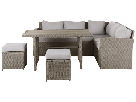 Garden Corner Sofa Set Grey PE Rattan Taupe Cushions 5 Seater Sofa Rectangular Table 2 Ottomans Outdoor Dining Set Beliani