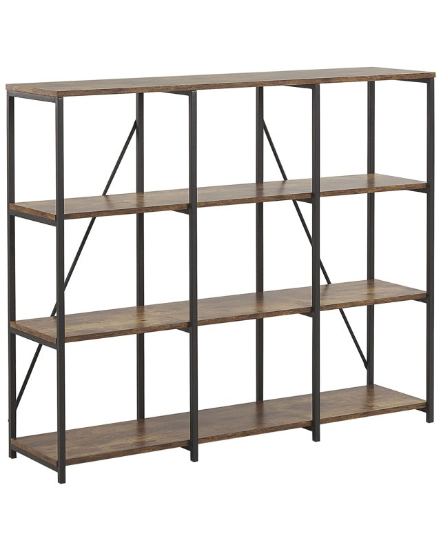 3 Tier Bookcase Dark Wood with Black Metal Frame Open Shelf Industrial Minimalist Shelving Unit Beliani